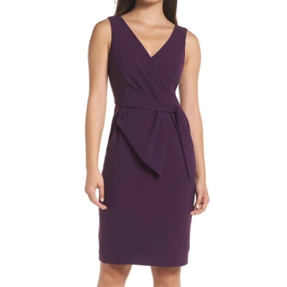Eliza J faux wrap sheath dress purple v-neck lined shift knot ruching new 12